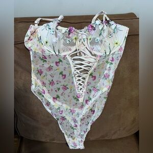 Victoria's Secret Wicked Unlined Balconette Lace-Up Teddy Spring Bouquet pattern